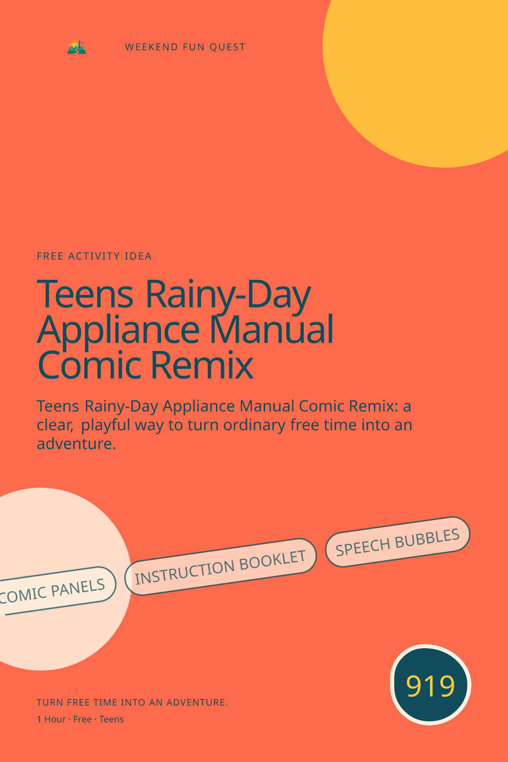 Vertical Pinterest for teens rainy-day appliance manual comic remix featuring comic panels, instruction booklet, speech bubbles