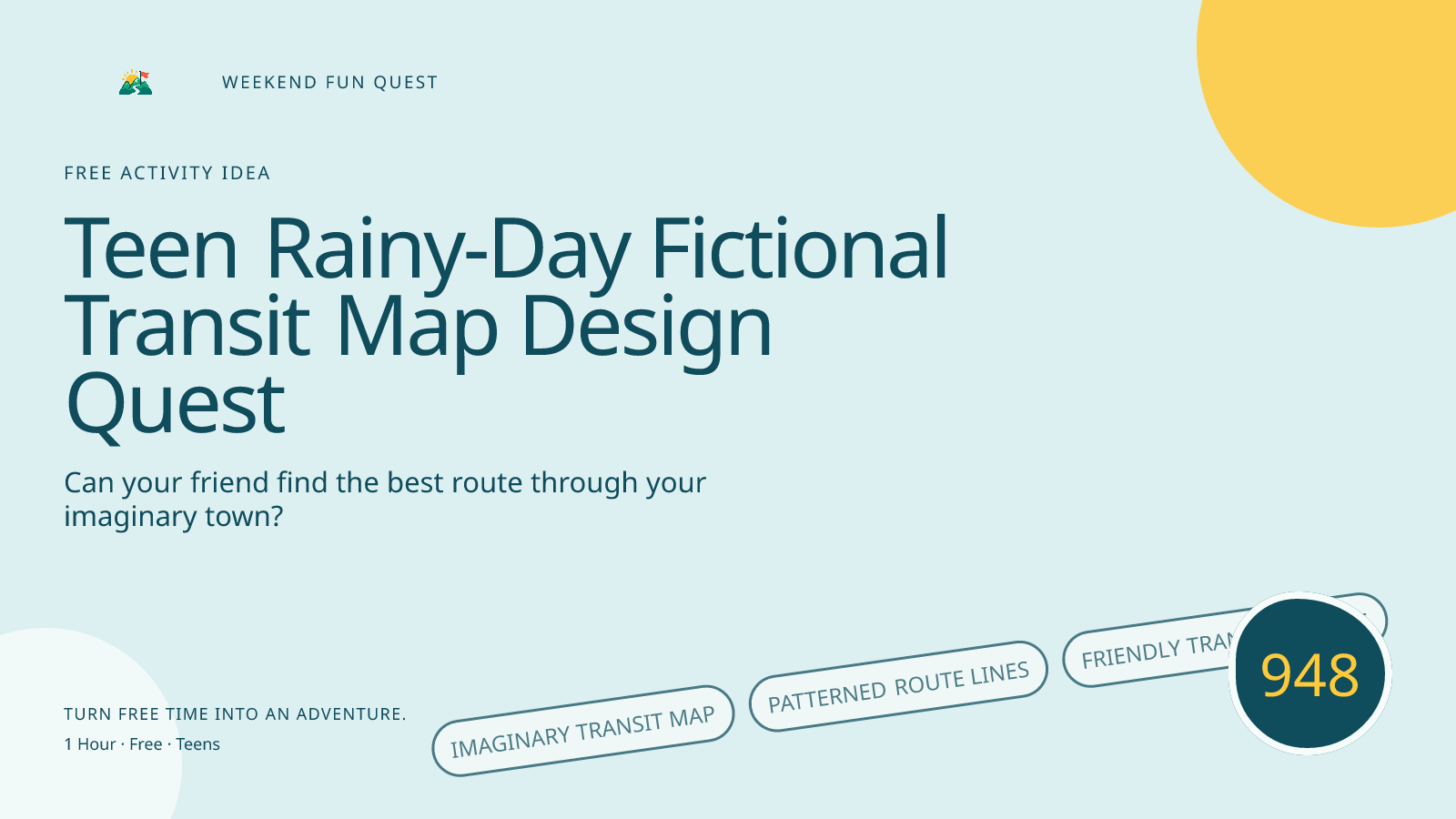 Wide hero illustration for teen rainy-day fictional transit map design quest showing imaginary transit map, patterned route lines, friendly transfer badge