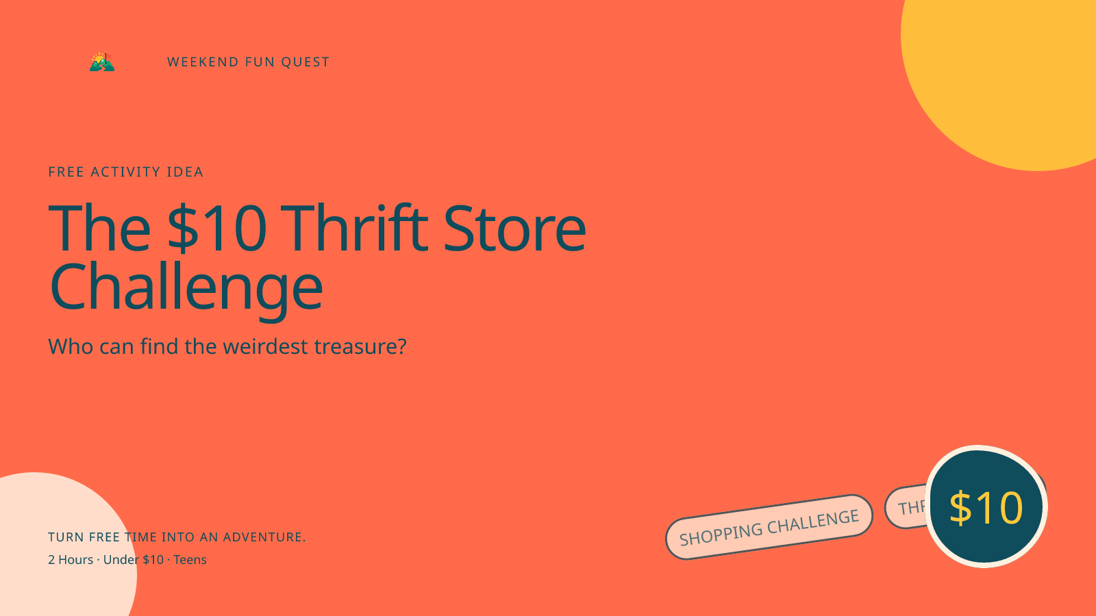 The $10 Thrift Store Challenge: wide Quest hero illustration showing shopping challenge, thrift, teen for Weekend Fun Quest