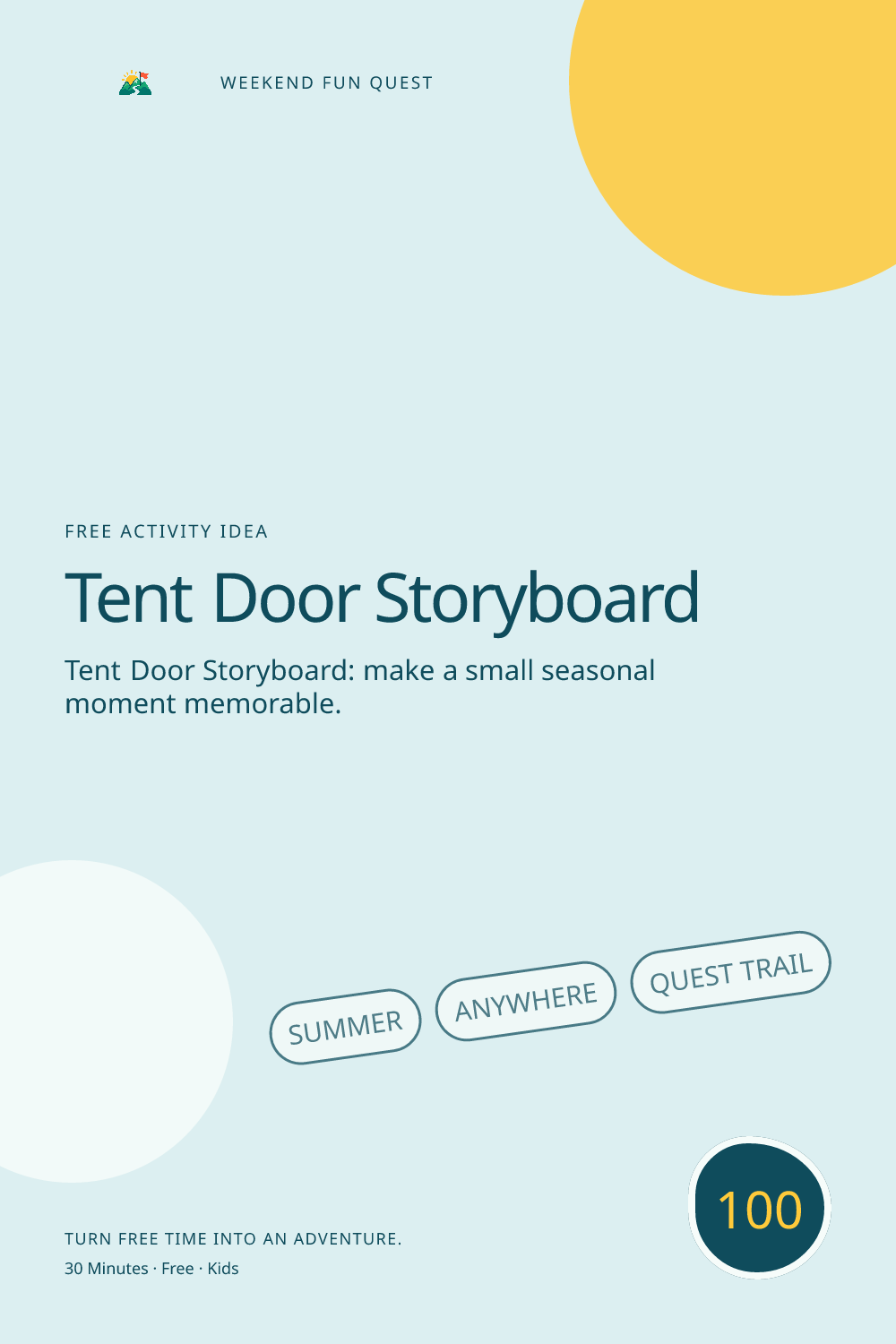 Vertical Pinterest illustration for tent door storyboard featuring draw a three-scene story that begins at the tent door and stays inside campsite boundaries