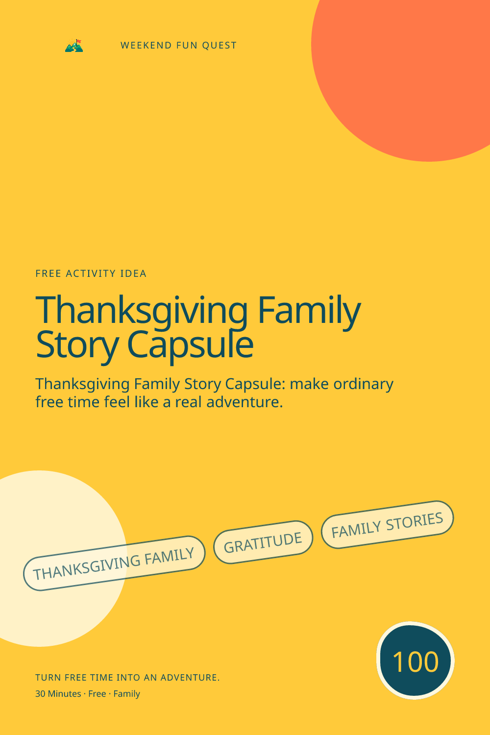 Vertical Pinterest activity illustration for thanksgiving family story capsule featuring gratitude, family stories, and practical November traditions