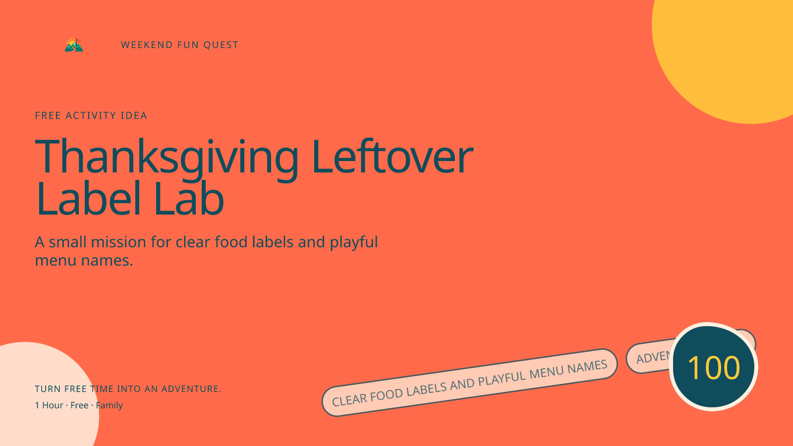 Wide Weekend Fun Quest illustration for thanksgiving leftover label lab featuring clear food labels and playful menu names
