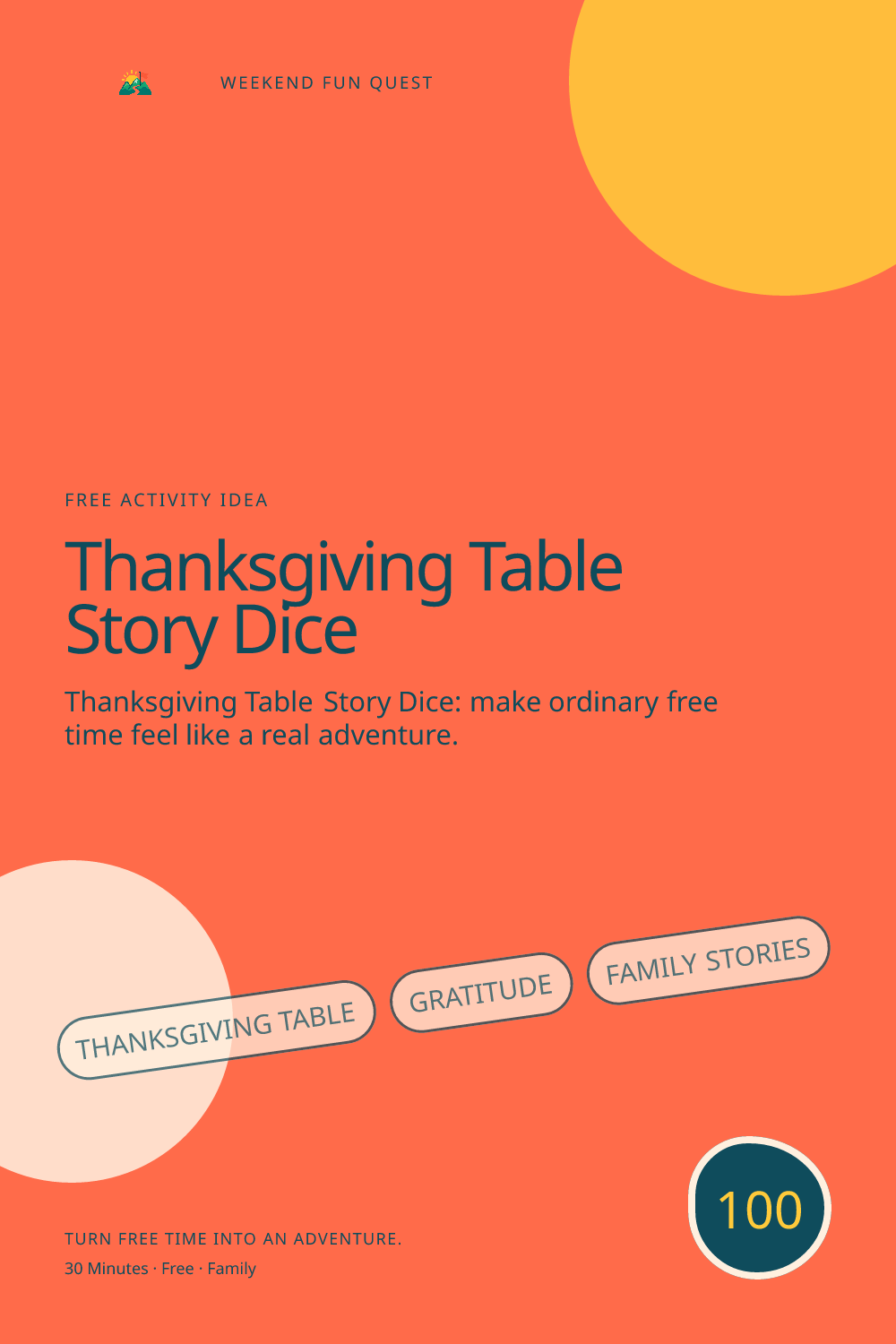 Vertical Pinterest activity illustration for thanksgiving table story dice featuring gratitude, family stories, and practical November traditions