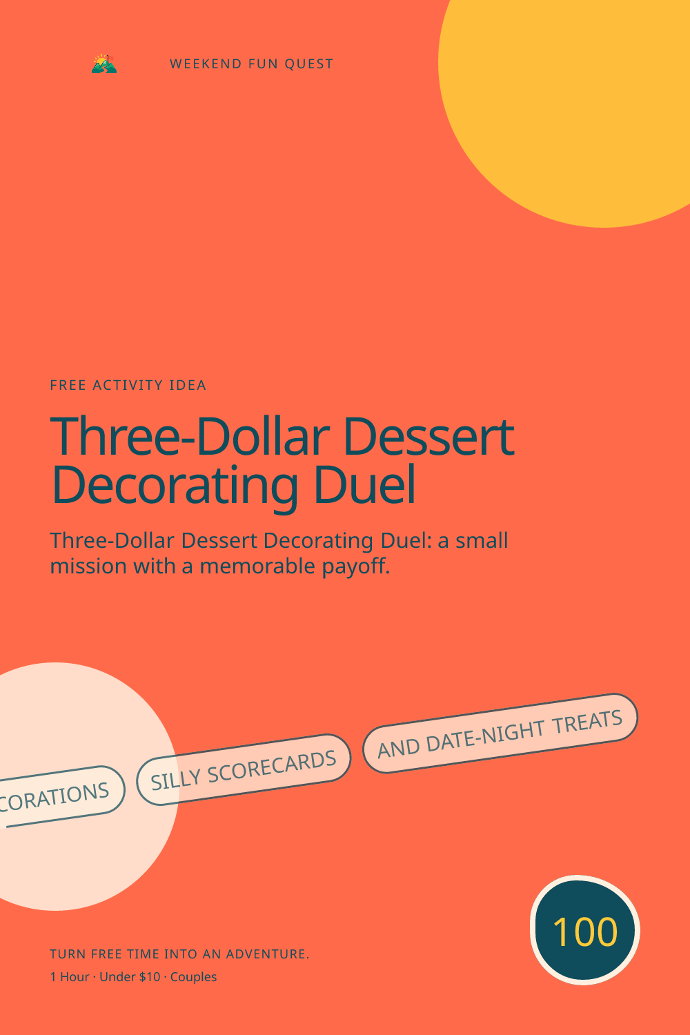 Vertical Pinterest activity illustration for three-dollar dessert decorating duel featuring dessert decorations, silly scorecards, and date-night treats