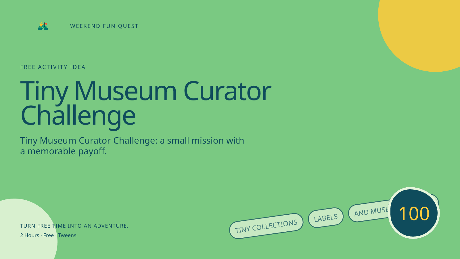 Wide Weekend Fun Quest illustration for tiny museum curator challenge featuring tiny collections, labels, and museum displays