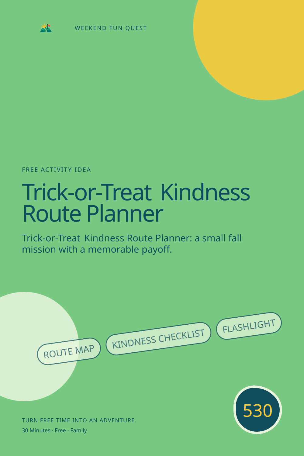 Vertical Pinterest Weekend Fun Quest illustration for trick-or-treat kindness route planner featuring route map, kindness checklist, flashlight