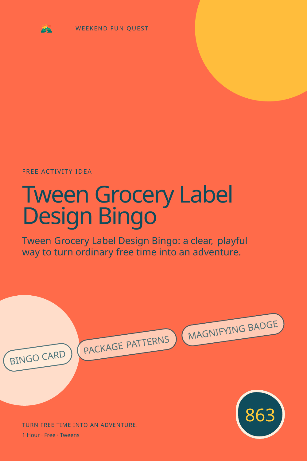 Vertical Pinterest Weekend Fun Quest illustration for tween grocery label design bingo featuring bingo card, package patterns, magnifying badge
