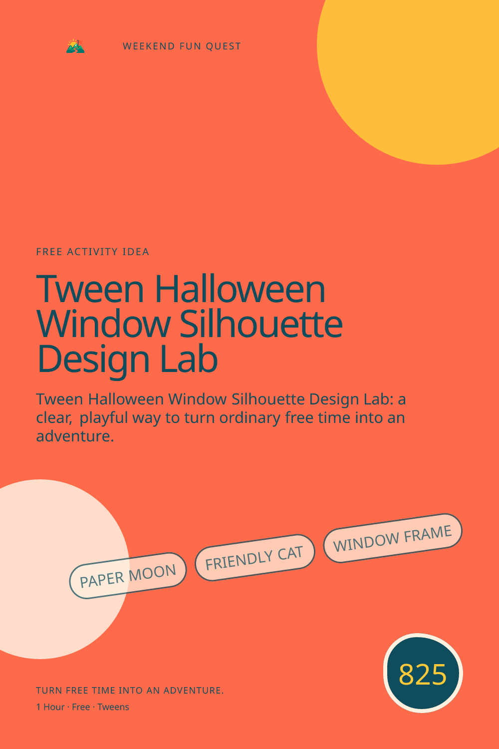 Vertical Pinterest Weekend Fun Quest illustration for tween halloween window silhouette design lab featuring paper moon, friendly cat, window frame