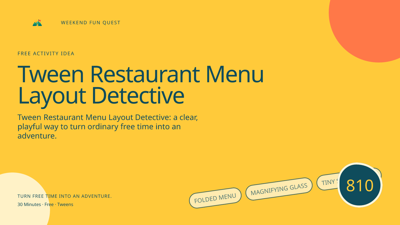 Wide hero Weekend Fun Quest illustration for tween restaurant menu layout detective featuring folded menu, magnifying glass, tiny snack stand