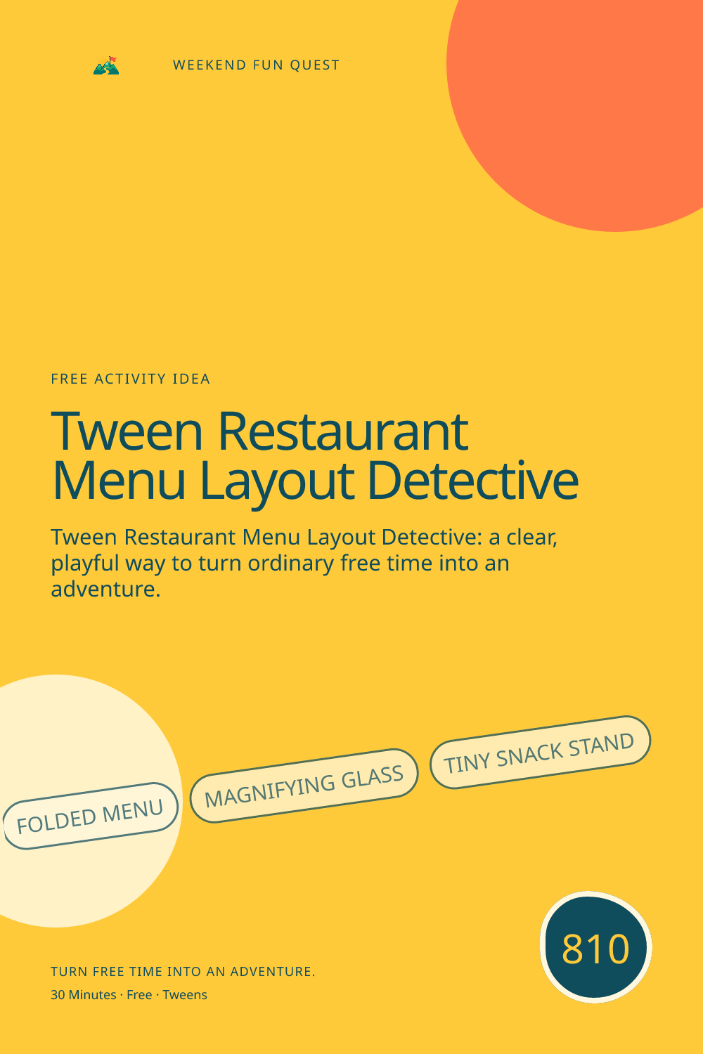 Vertical Pinterest Weekend Fun Quest illustration for tween restaurant menu layout detective featuring folded menu, magnifying glass, tiny snack stand