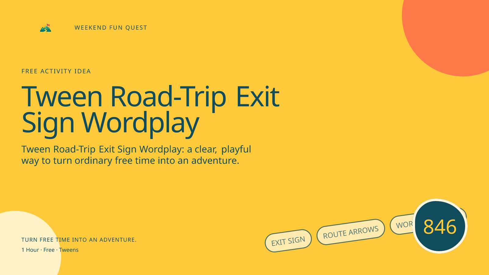 Wide hero Weekend Fun Quest illustration for tween road-trip exit sign wordplay featuring exit sign, route arrows, wordplay cards