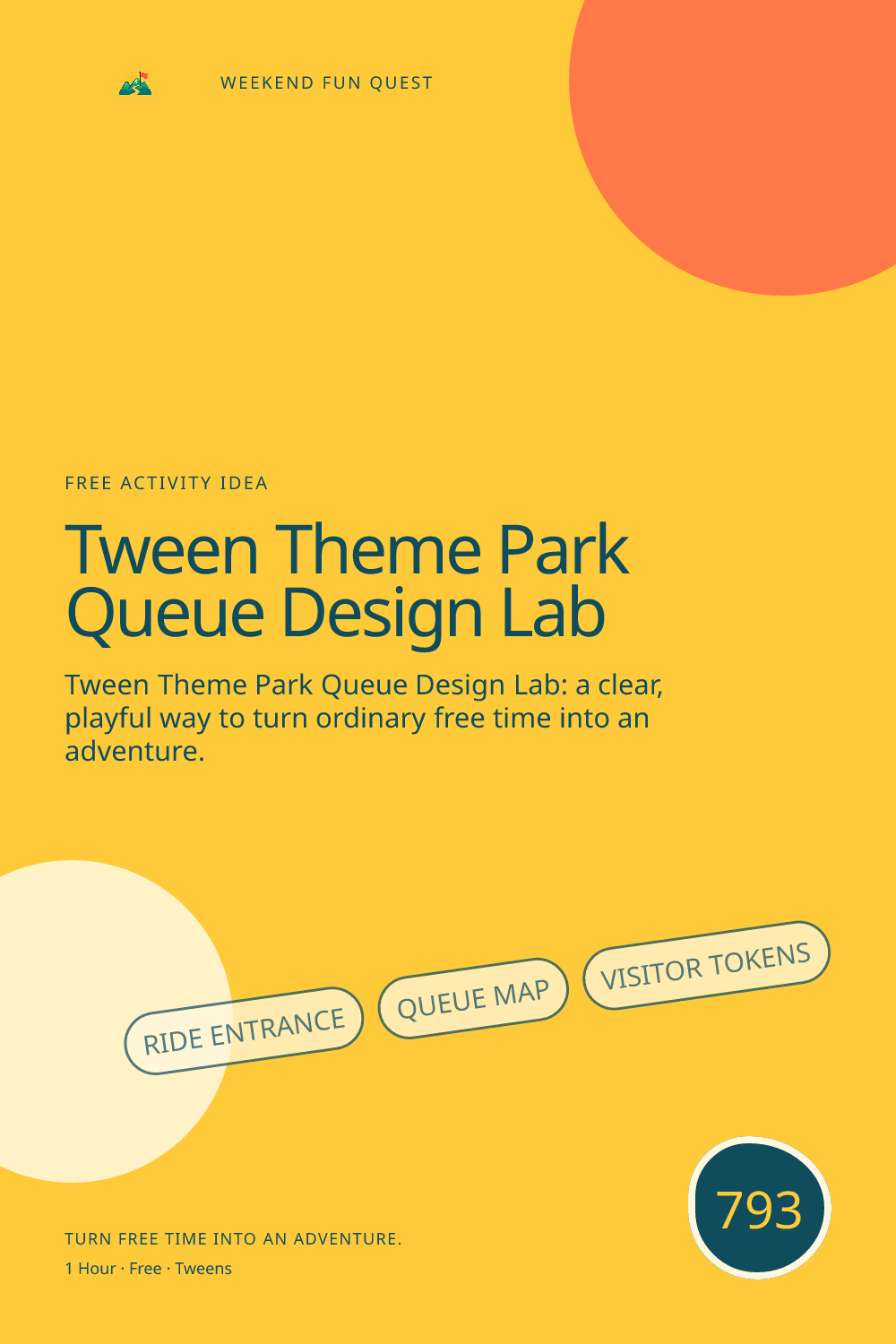 Vertical Pinterest Weekend Fun Quest illustration for tween theme park queue design lab featuring ride entrance, queue map, visitor tokens