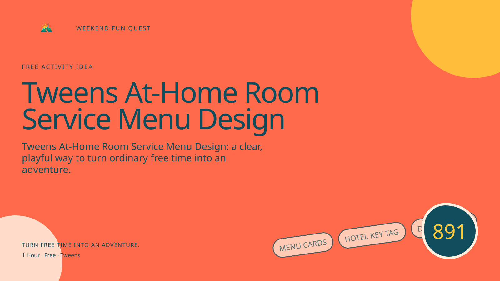 Wide hero for tweens at-home room service menu design featuring menu cards, hotel key tag, delivery tray
