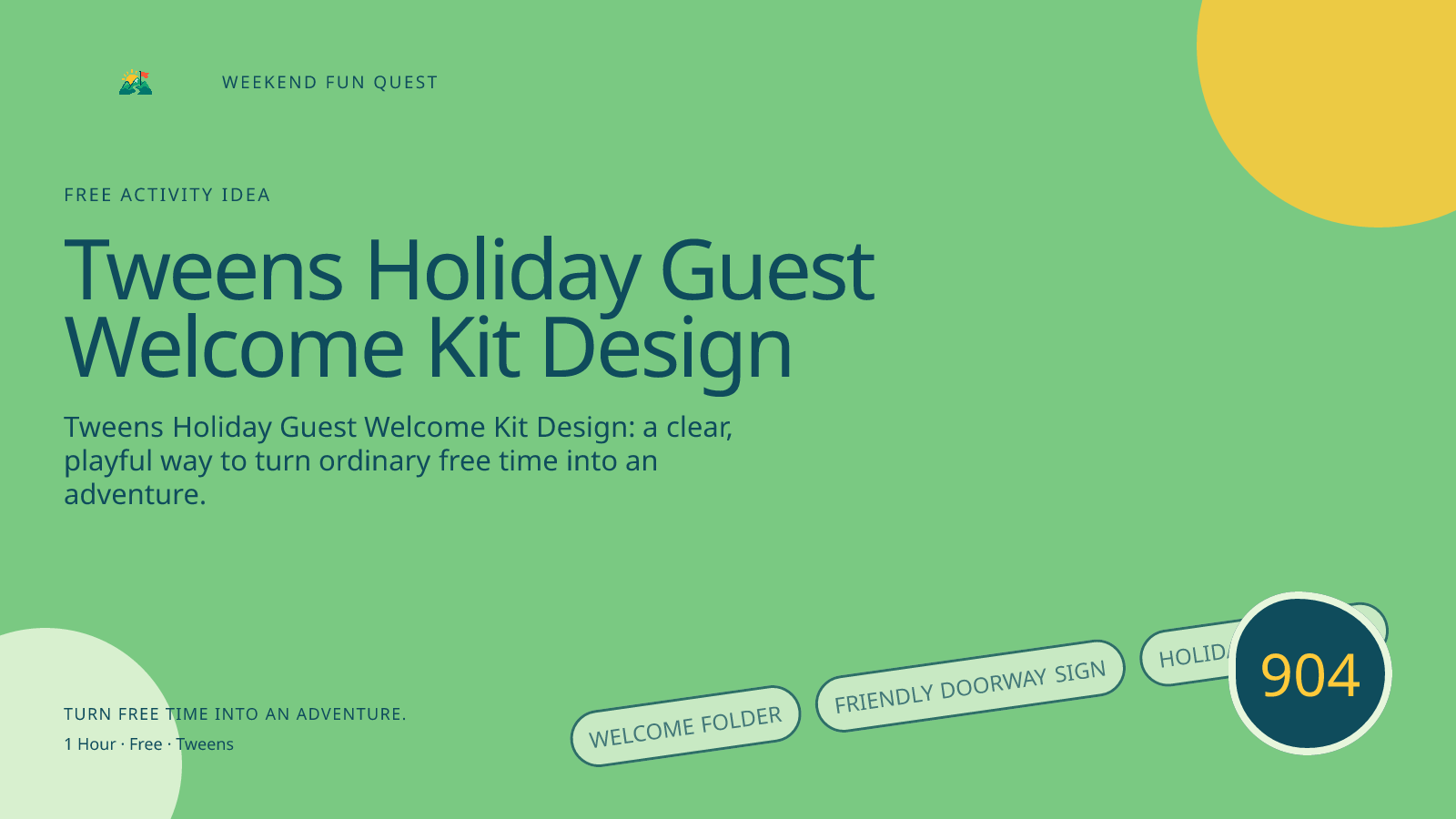 Wide hero for tweens holiday guest welcome kit design featuring welcome folder, friendly doorway sign, holiday checklist