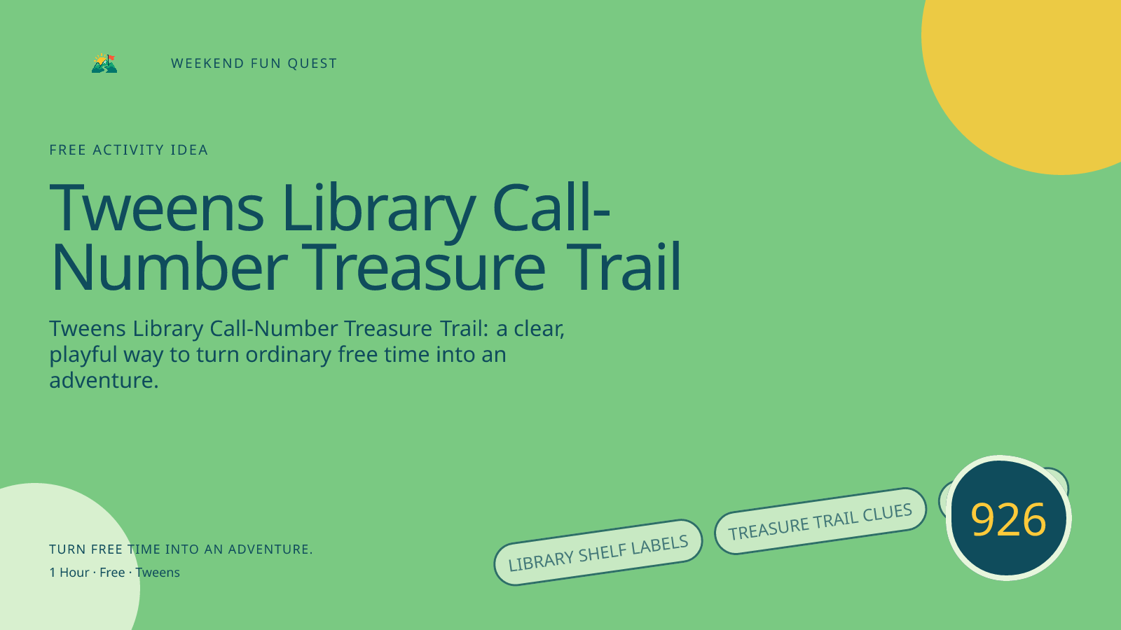 Wide hero for tweens library call-number treasure trail featuring library shelf labels, treasure trail clues, book stack