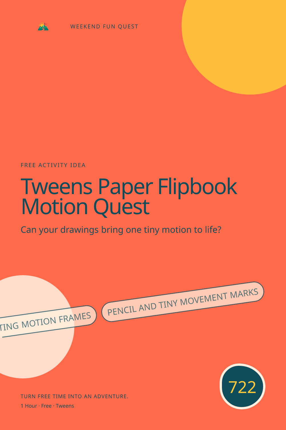 Vertical Pinterest illustration for tweens paper flipbook motion quest featuring small paper flipbook, repeating motion frames, pencil and tiny movement marks