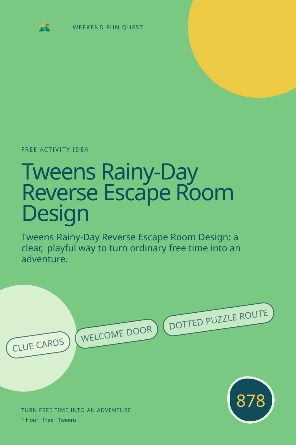 Vertical Pinterest for tweens rainy-day reverse escape room design featuring clue cards, welcome door, dotted puzzle route