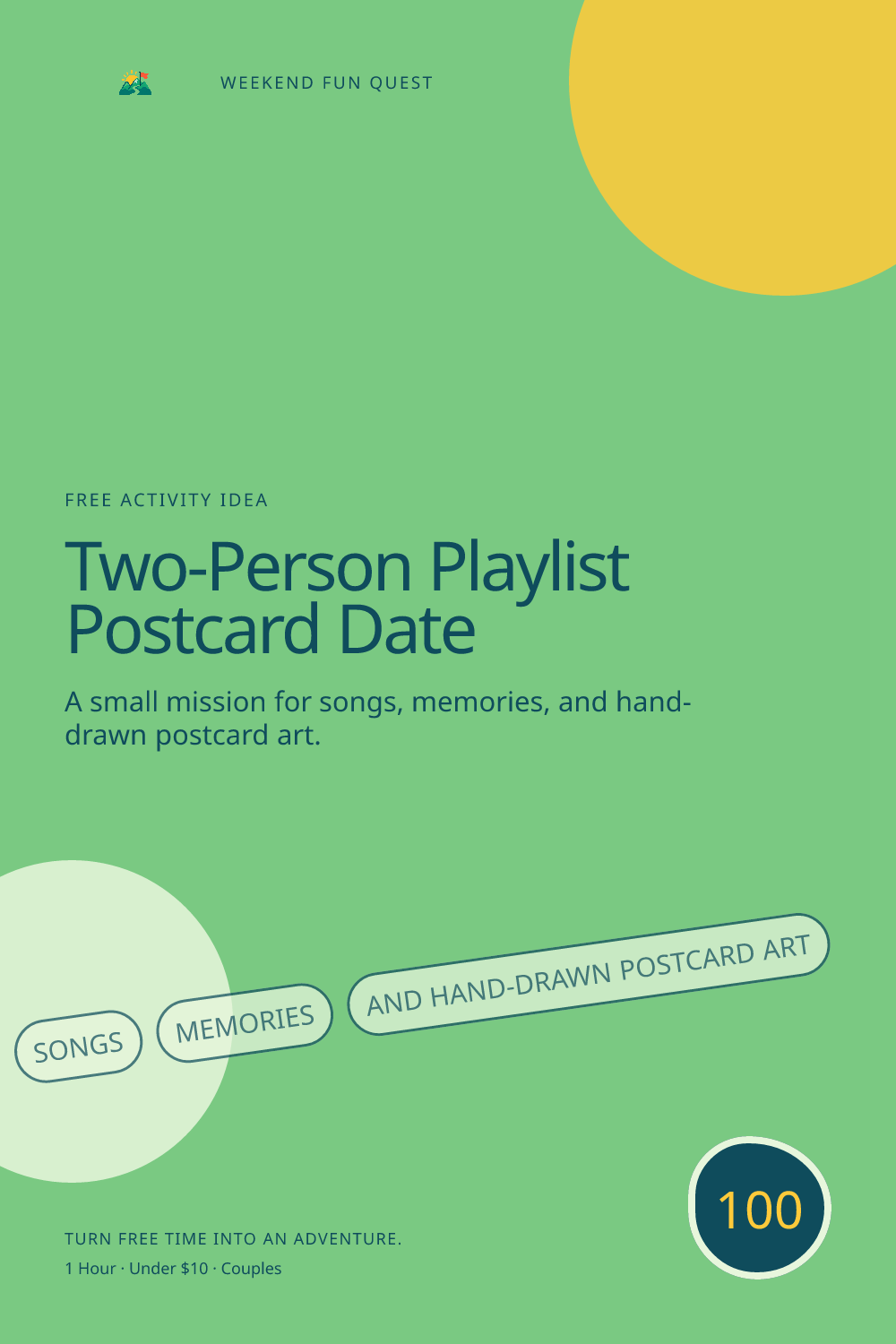 Vertical Pinterest graphic for two-person playlist postcard date featuring songs, memories, and hand-drawn postcard art and a quest trail