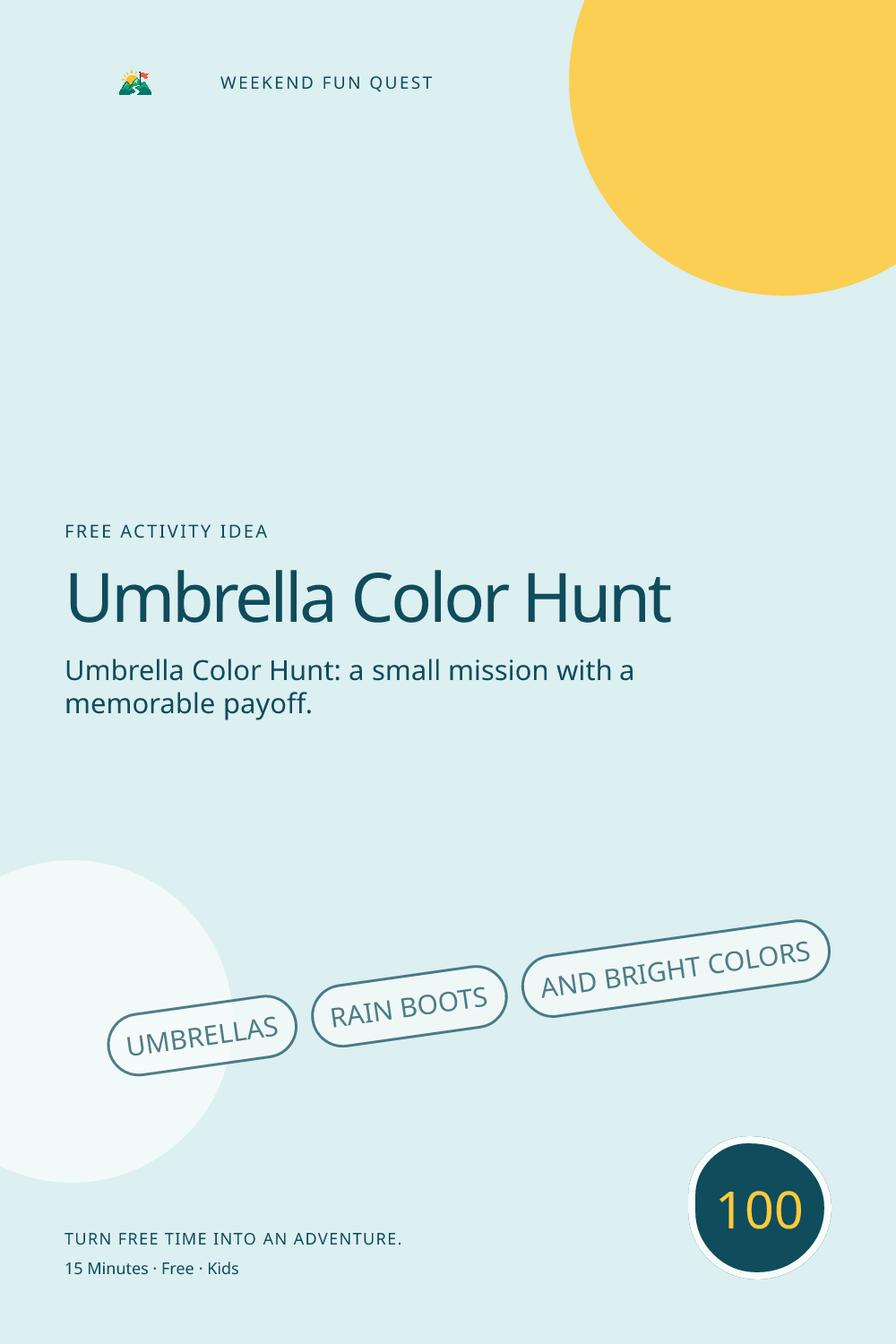 Vertical Pinterest activity illustration for umbrella color hunt featuring umbrellas, rain boots, and bright colors