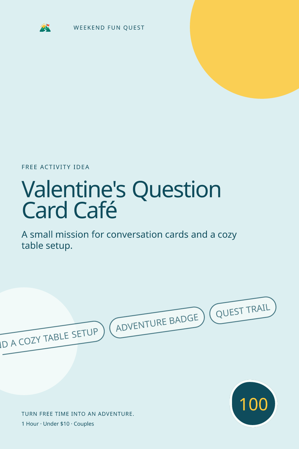 Vertical Pinterest graphic for valentine's question card café featuring conversation cards and a cozy table setup and a quest trail