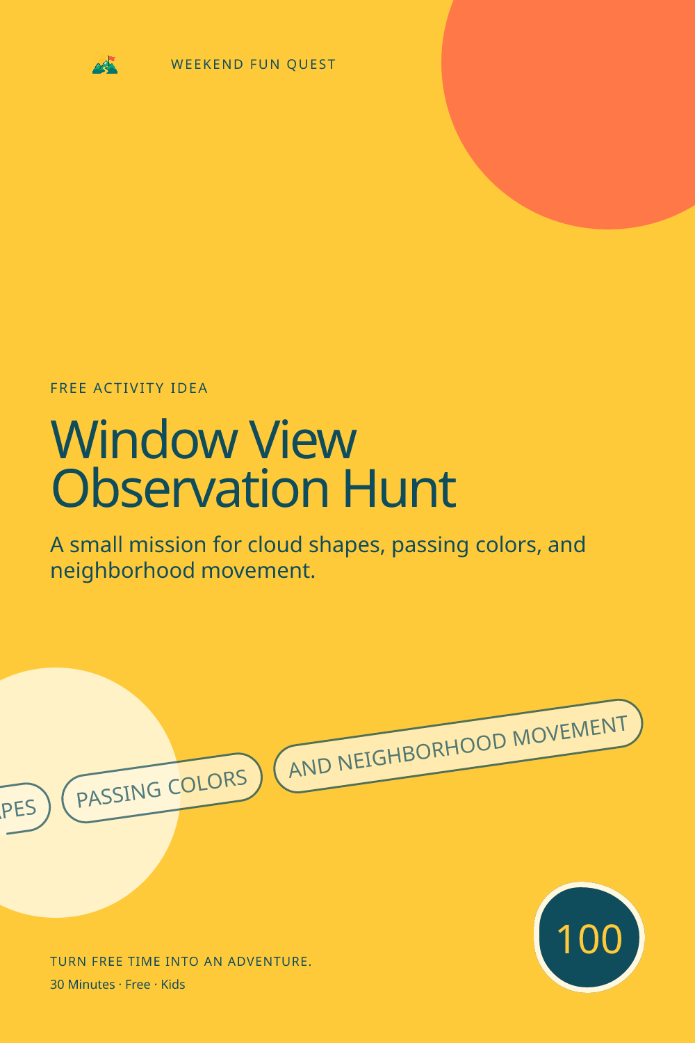 Vertical Pinterest graphic for window view observation hunt featuring cloud shapes, passing colors, and neighborhood movement and a quest trail